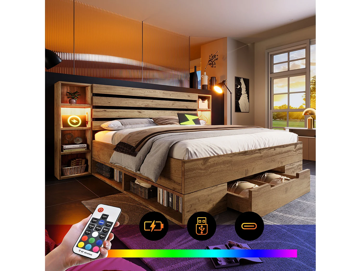 Lit en bois massif 160x200 cm, rangement tête avec LED et USB-C, tiroirs, cadre bois avec lattes chêne (Avec matelas)