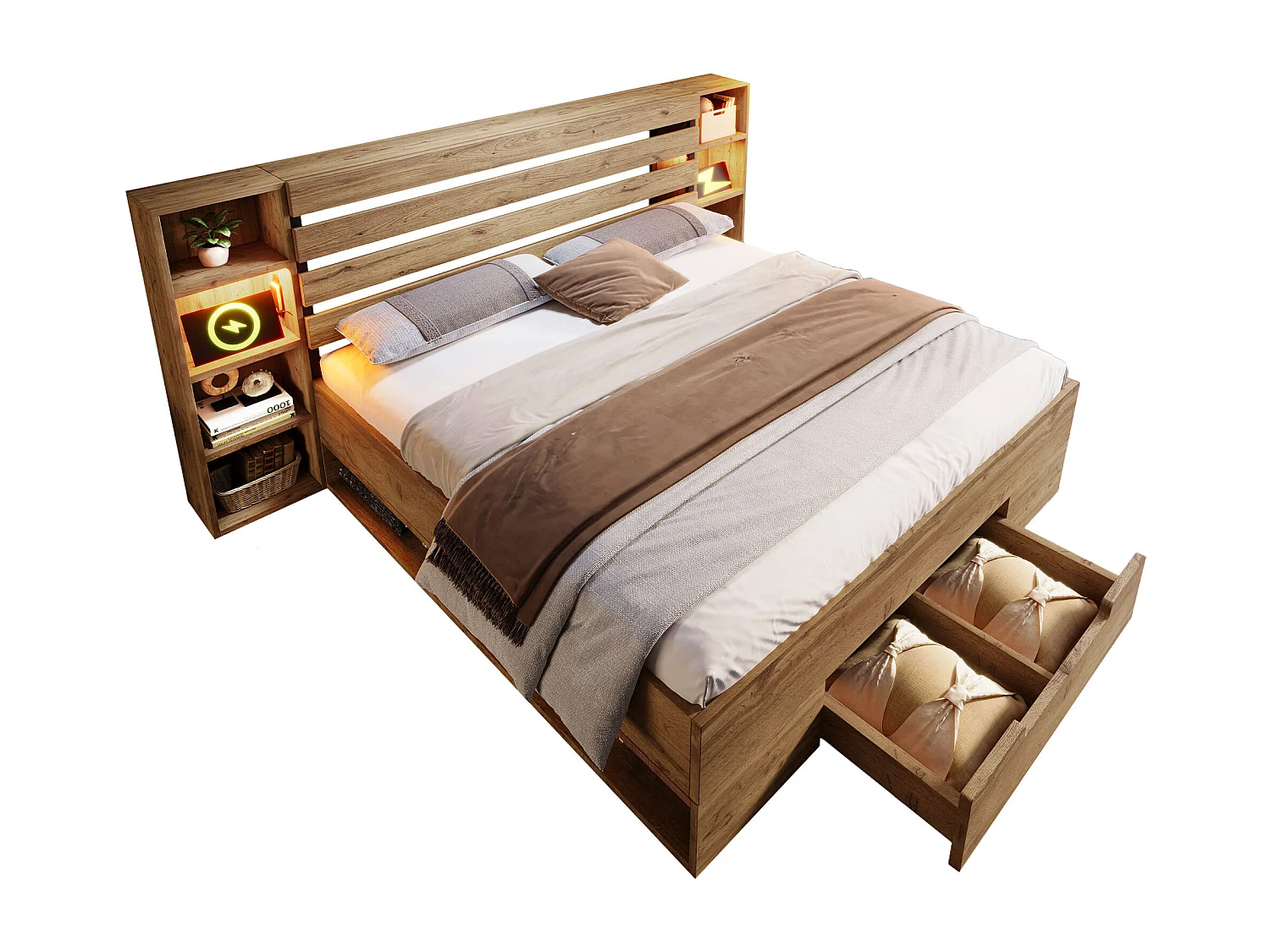 Lit en bois massif 160x200 cm, rangement tête avec LED et USB-C, tiroirs, cadre bois avec lattes chêne (Avec matelas)