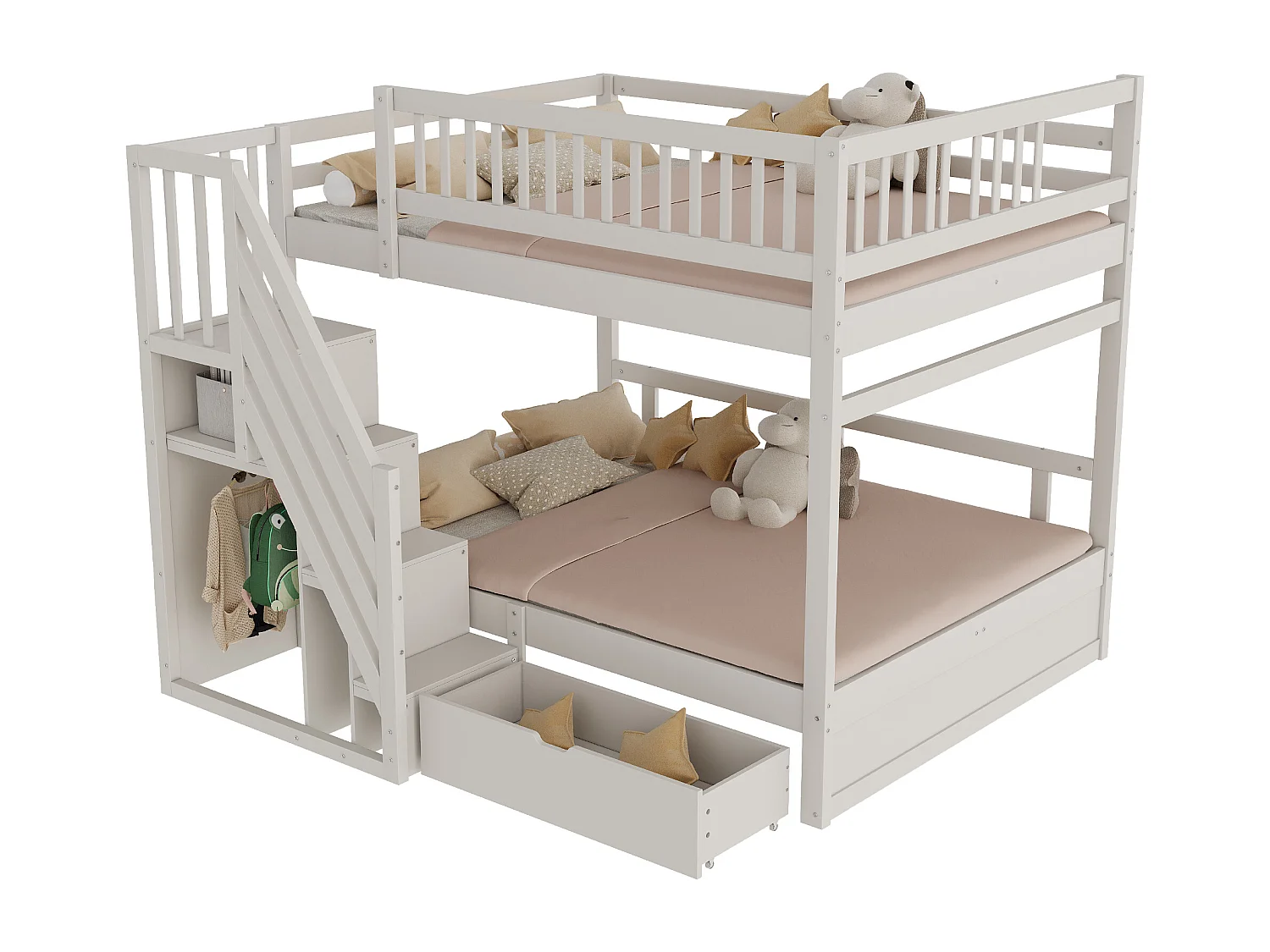 Lit mezzanine 140x200 cm, barrières hautes, lattenrost, échelle sécurisée avec rangement, tiroirs, lit double junior, bois massif, blanc