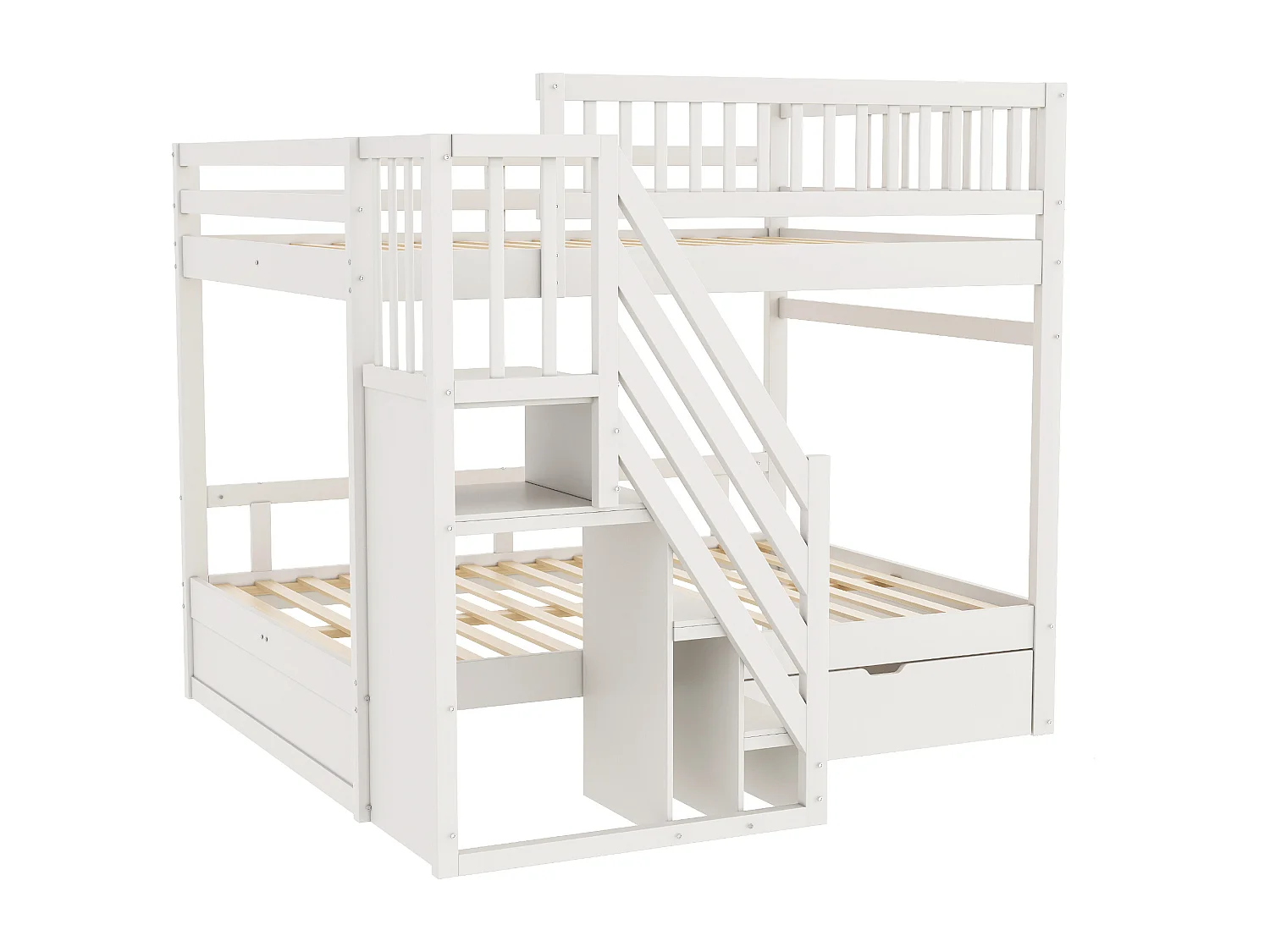 Lit mezzanine 140x200 cm, barrières hautes, lattenrost, échelle sécurisée avec rangement, tiroirs, lit double junior, bois massif, blanc