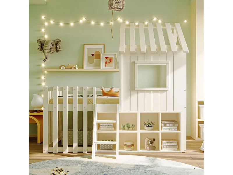 Lit maison 90x200 cm, toit et fenêtre, rangement ouvert, échelle, lit mezzanine enfants, bois massif, sans matelas, blanc