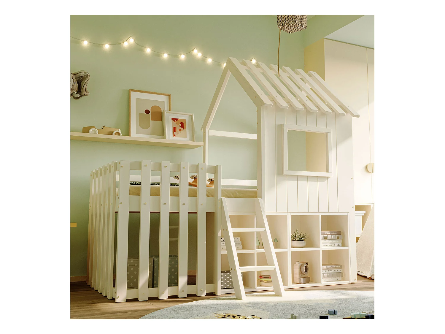Lit maison 90x200 cm, toit et fenêtre, rangement ouvert, échelle, lit mezzanine enfants, bois massif, sans matelas, blanc