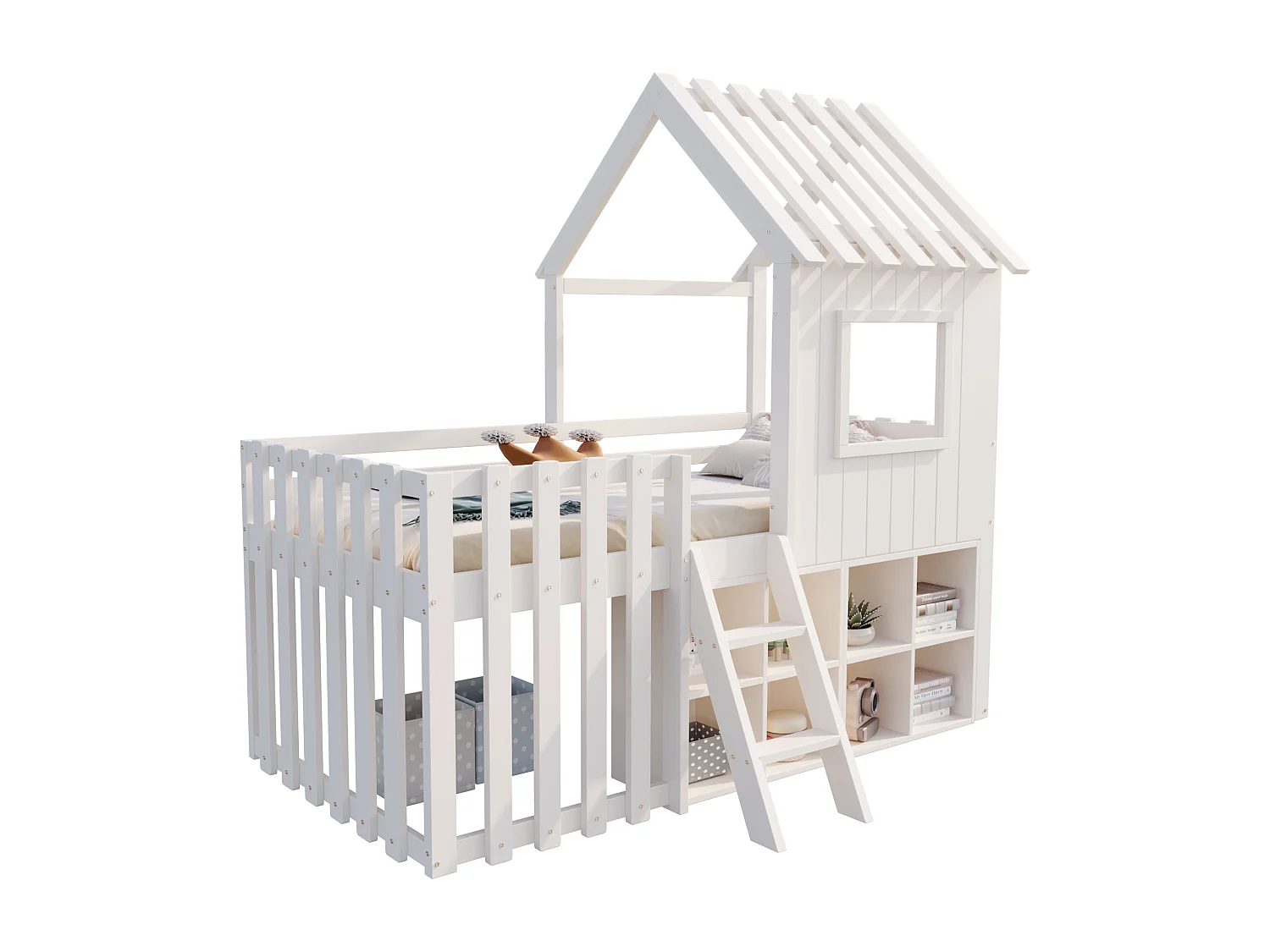 Lit maison 90x200 cm, toit et fenêtre, rangement ouvert, échelle, lit mezzanine enfants, bois massif, sans matelas, blanc