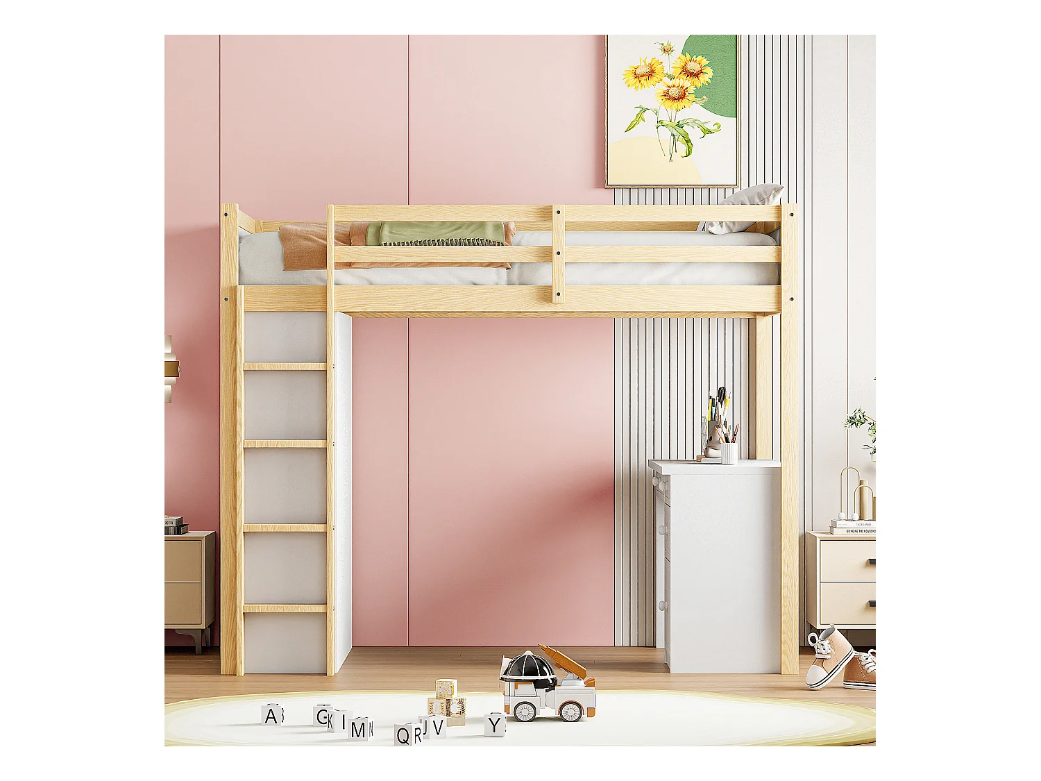 Lit mezzanine 90x200 cm couleur bois, avec rangements, bureau et échelle sécurisée, pour enfant ou ado