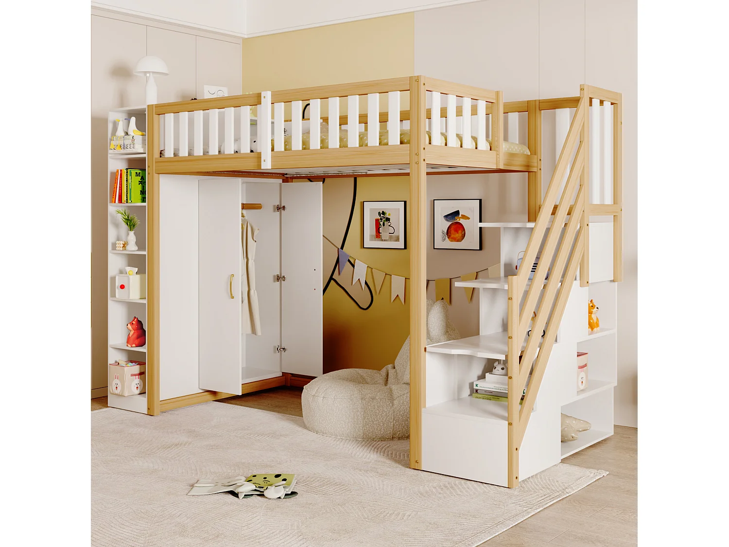 Lit mezzanine multifonction 90x200 cm blanc et bois naturel, avec étagères, armoire et échelle de rangement