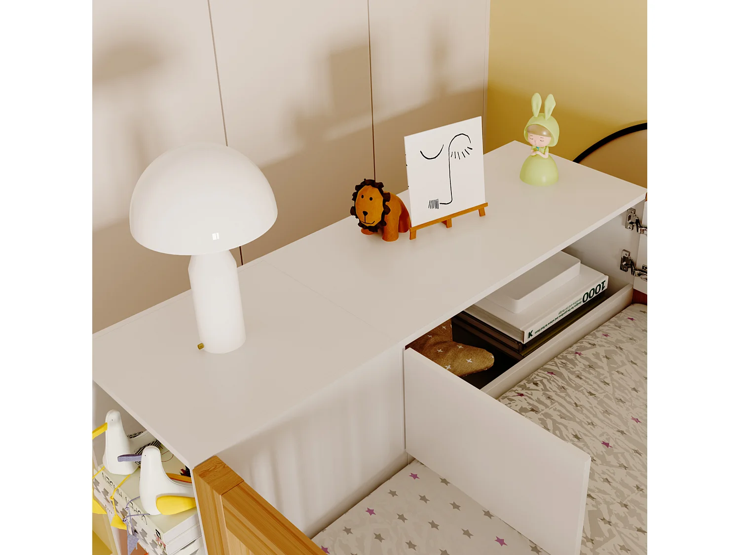 Lit mezzanine multifonction 90x200 cm blanc et bois naturel, avec étagères, armoire et échelle de rangement