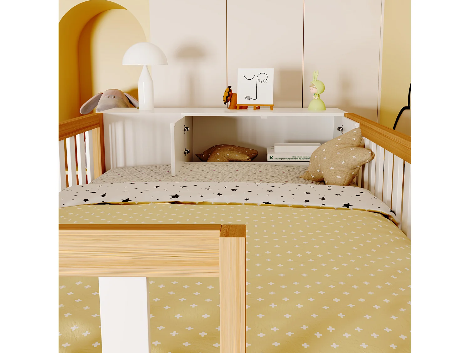 Lit mezzanine multifonction 90x200 cm blanc et bois naturel, avec étagères, armoire et échelle de rangement