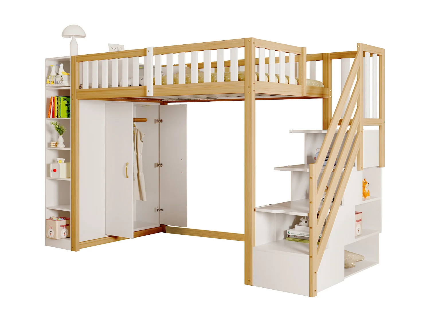 Lit mezzanine multifonction 90x200 cm blanc et bois naturel, avec étagères, armoire et échelle de rangement