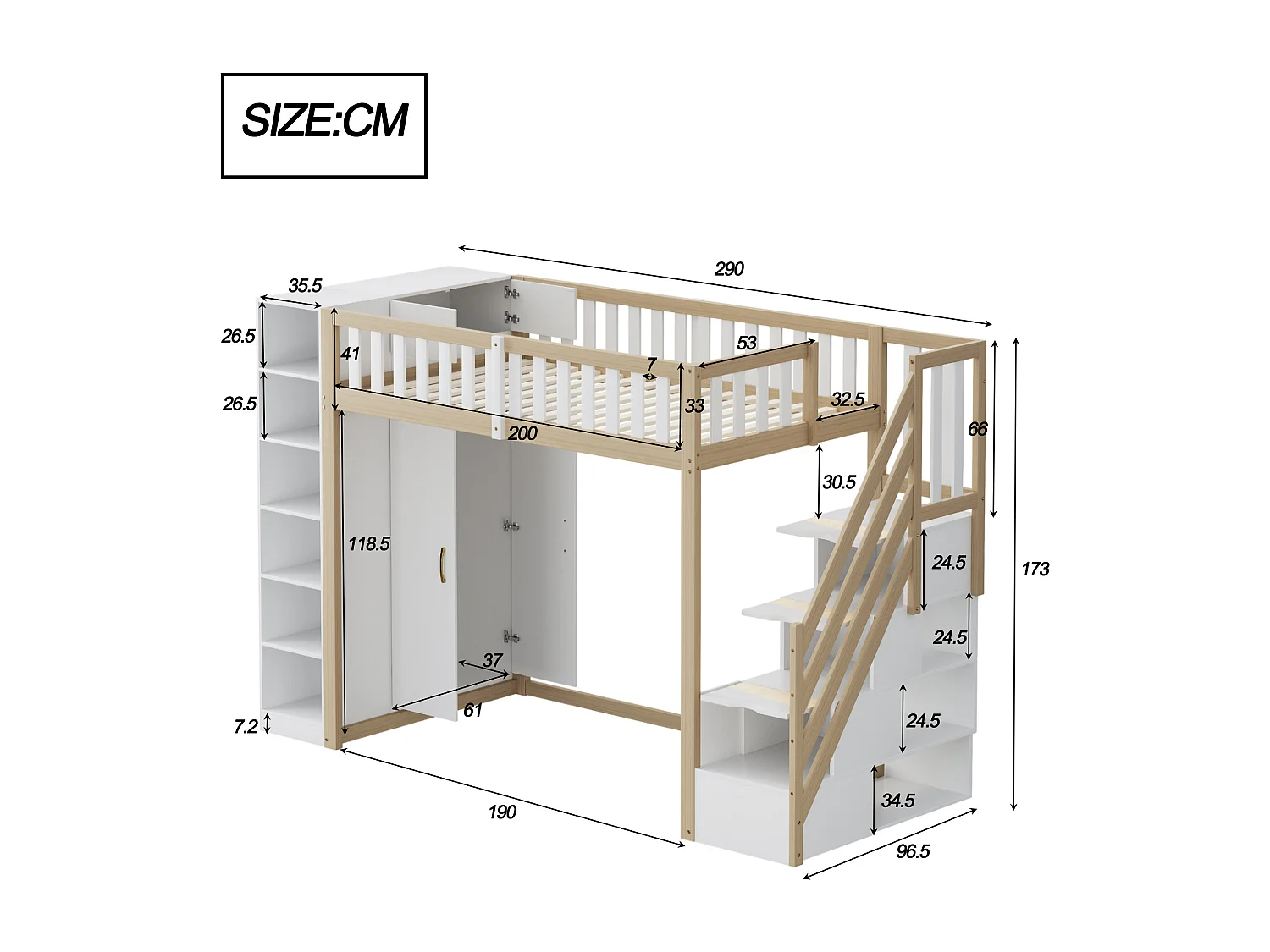 Lit mezzanine multifonction 90x200 cm blanc et bois naturel, avec étagères, armoire et échelle de rangement