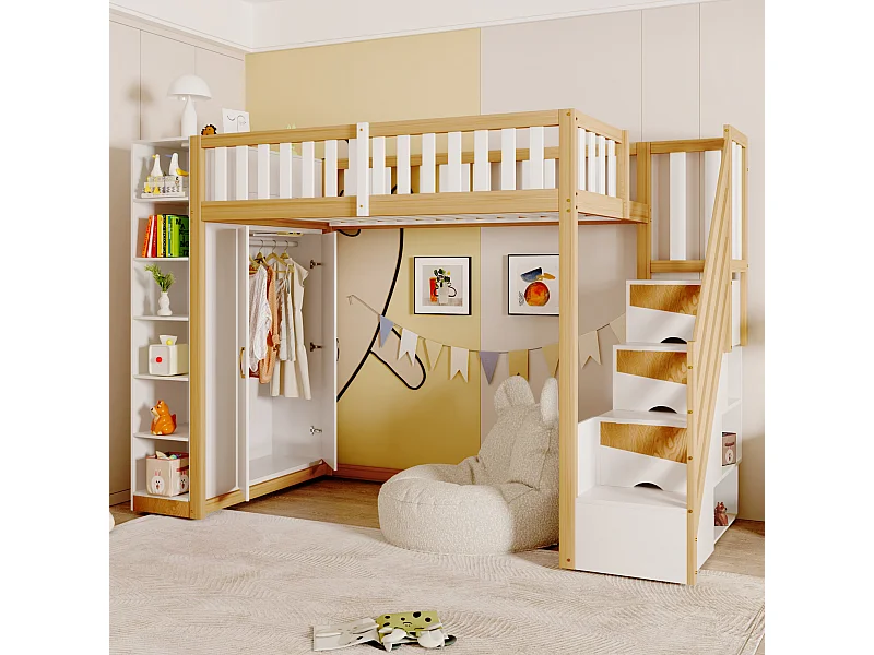 Lit mezzanine multifonction 90x200 cm blanc et bois naturel, avec étagères, armoire et échelle de rangement