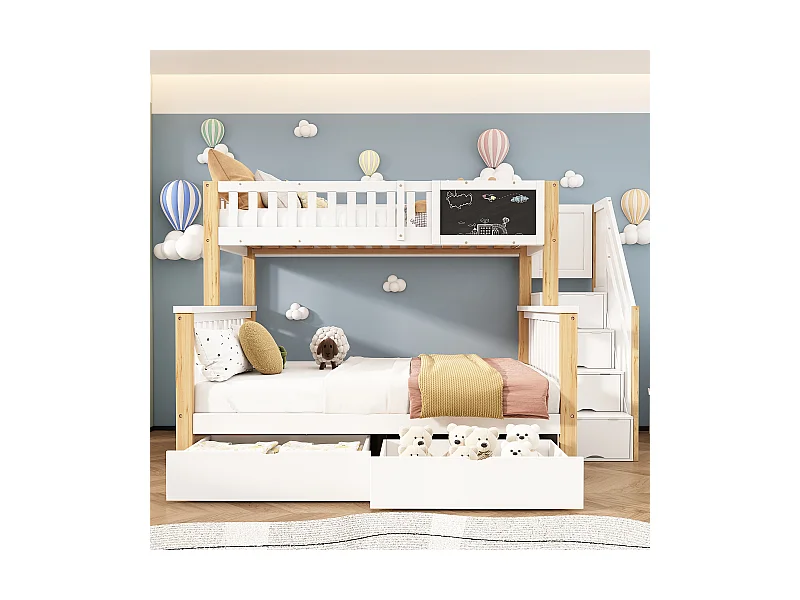 Lit superposé enfant 90×200 + 140×200 blanc et chêne clair, multifonction avec tiroirs et tableau