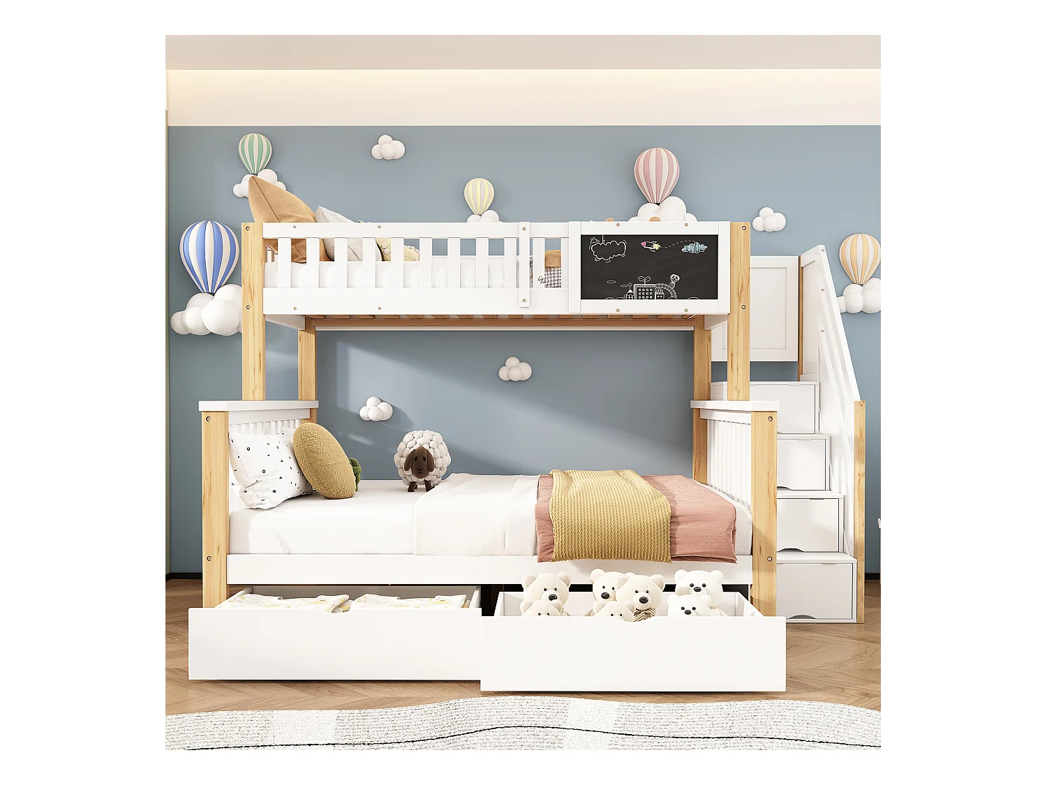 Lit superposé enfant 90×200 + 140×200 blanc et chêne clair, multifonction avec tiroirs et tableau