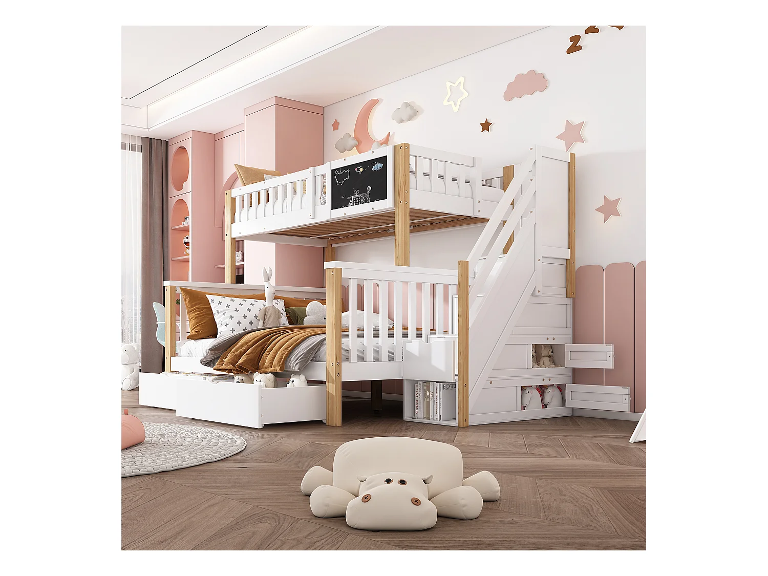 Lit superposé enfant 90×200 + 140×200 blanc et chêne clair, multifonction avec tiroirs et tableau