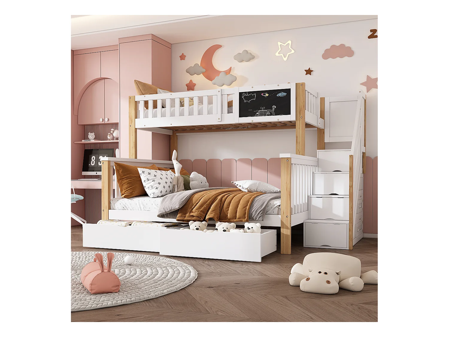 Lit superposé enfant 90×200 + 140×200 blanc et chêne clair, multifonction avec tiroirs et tableau