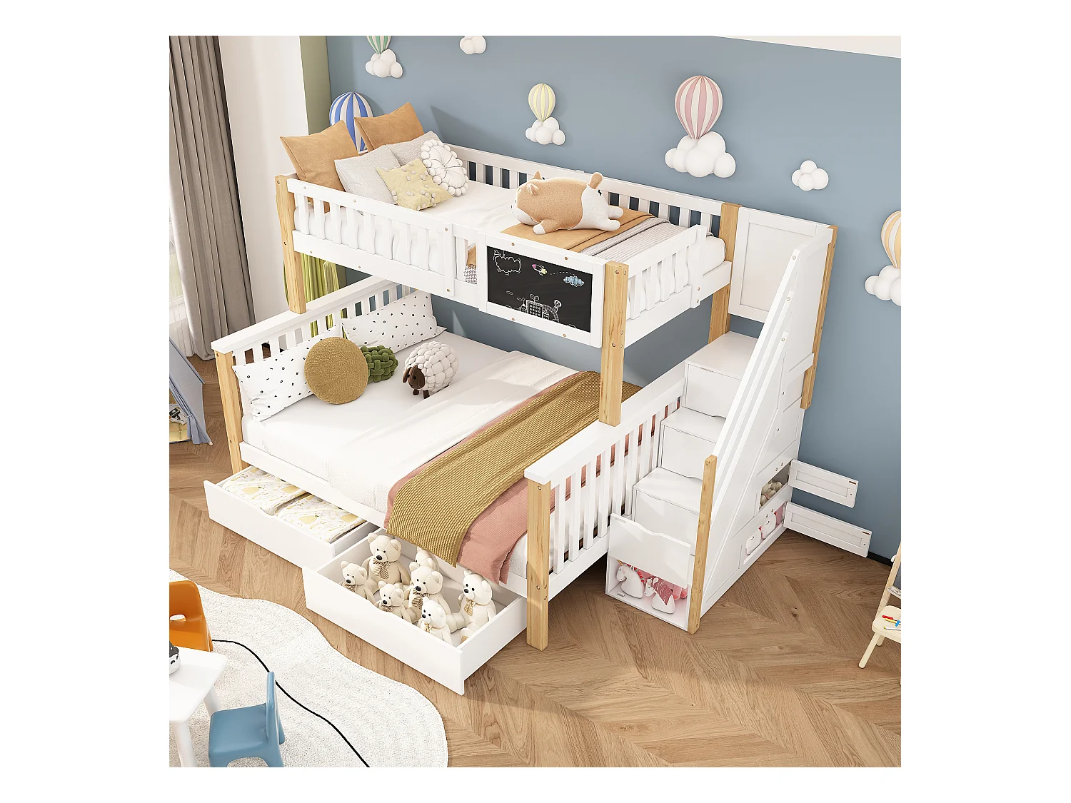 Lit superposé enfant 90×200 + 140×200 blanc et chêne clair, multifonction avec tiroirs et tableau