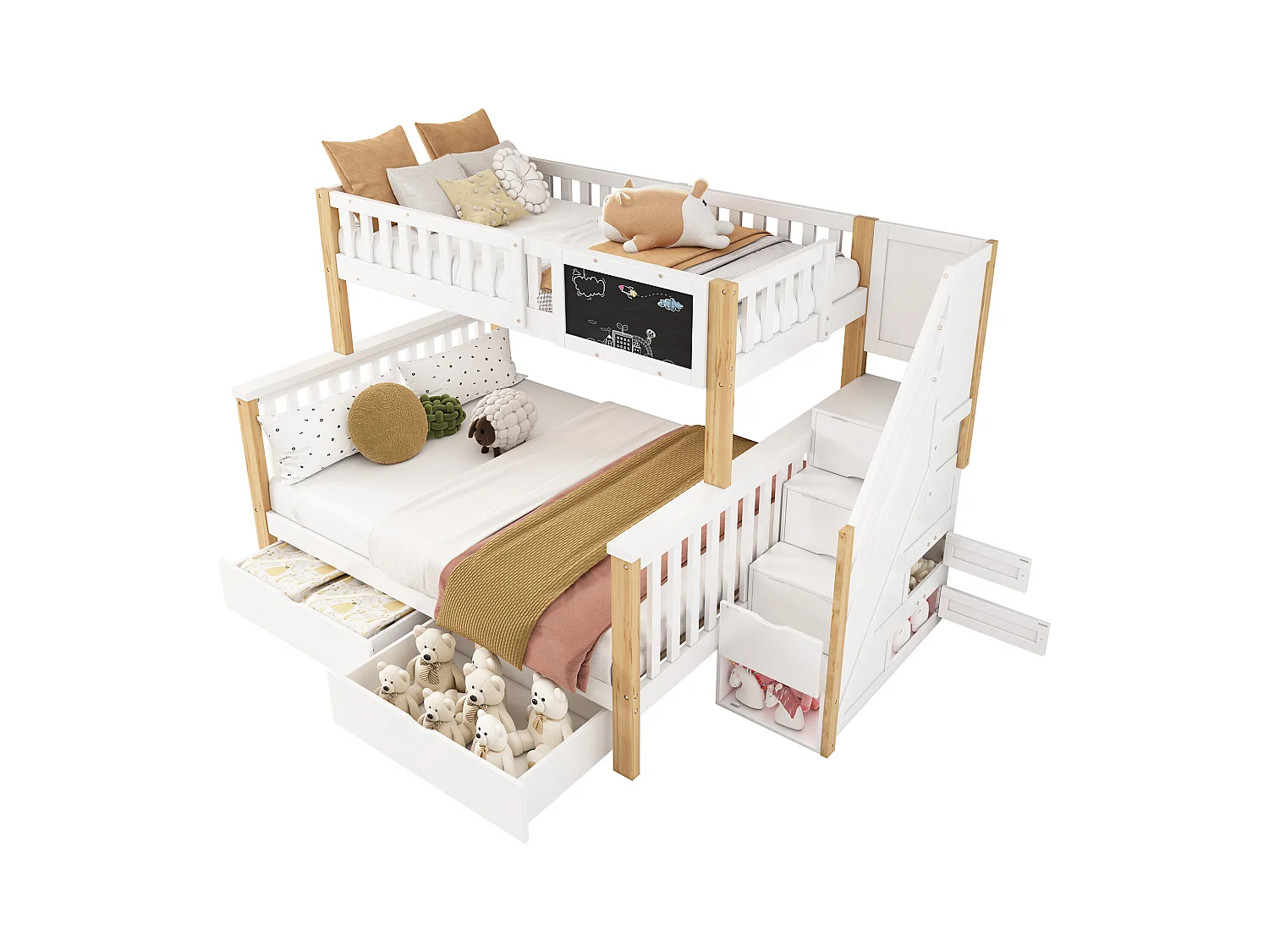 Lit superposé enfant 90×200 + 140×200 blanc et chêne clair, multifonction avec tiroirs et tableau