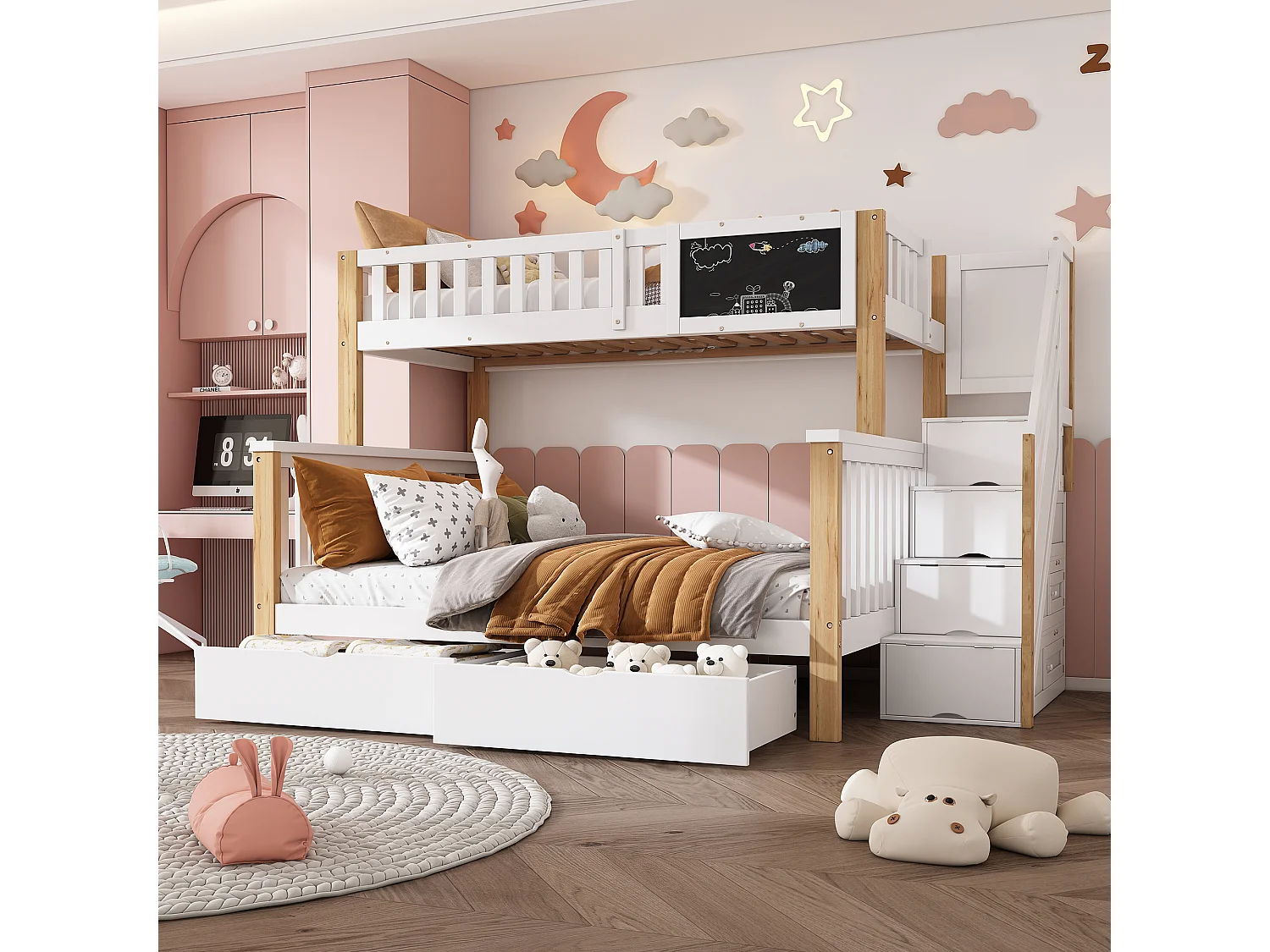 Lit superposé enfant 90×200 + 140×200 blanc et chêne clair, multifonction avec tiroirs et tableau