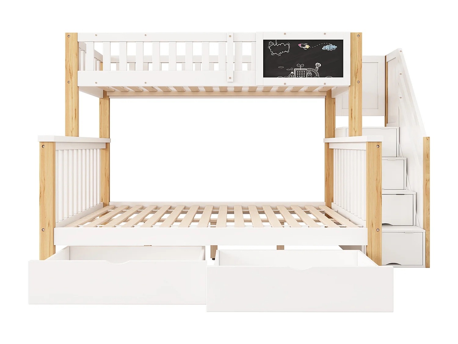 Lit superposé enfant 90×200 + 140×200 blanc et chêne clair, multifonction avec tiroirs et tableau