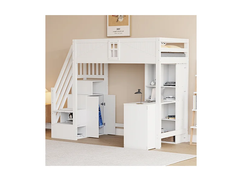 Lit mezzanine 90x200 cm, barrières sécurité avec fenêtre, rangements, bureau et tiroirs, échelle modulable gauche/droite, blanc