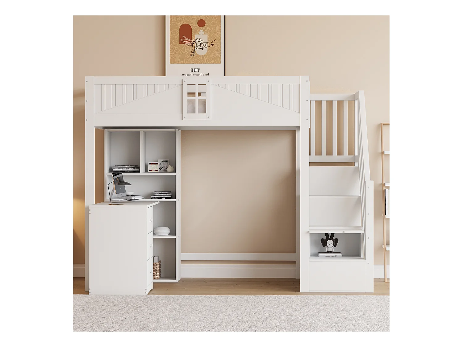 Lit mezzanine 90x200 cm, barrières sécurité avec fenêtre, rangements, bureau et tiroirs, échelle modulable gauche/droite, blanc