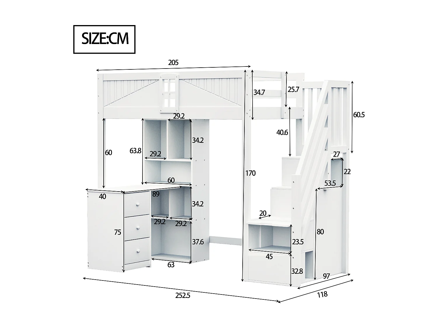 Lit mezzanine 90x200 cm, barrières sécurité avec fenêtre, rangements, bureau et tiroirs, échelle modulable gauche/droite, blanc