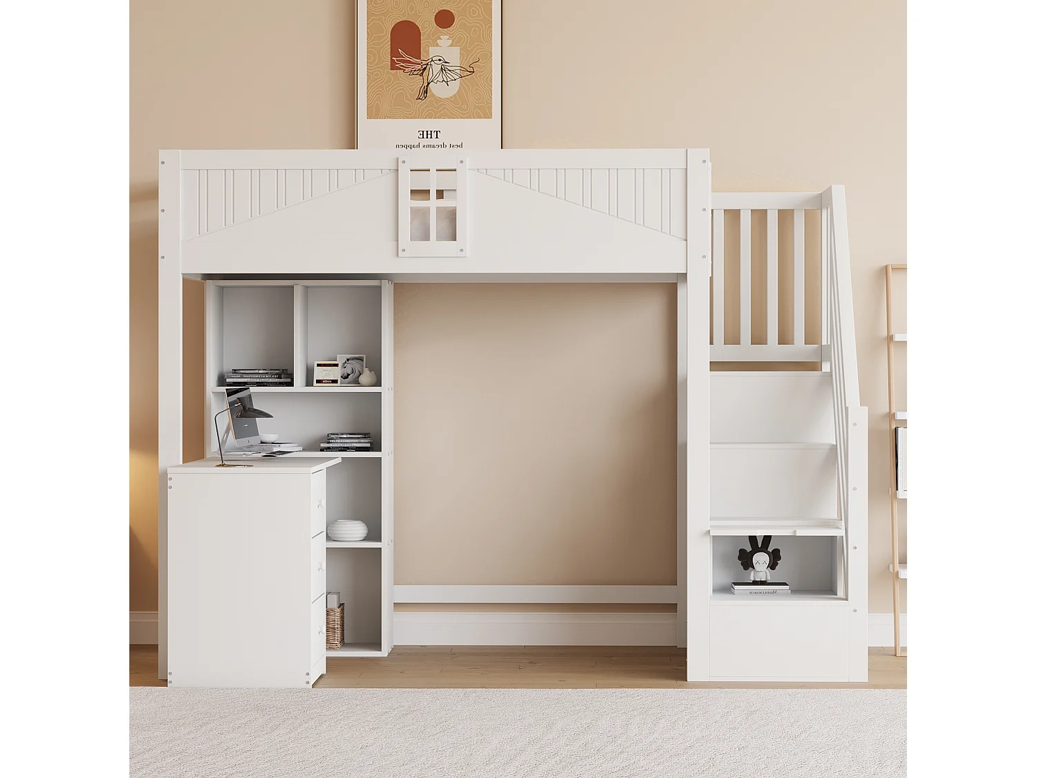 Lit mezzanine 90x200 cm, barrières sécurité avec fenêtre, rangements, bureau et tiroirs, échelle modulable gauche/droite, blanc