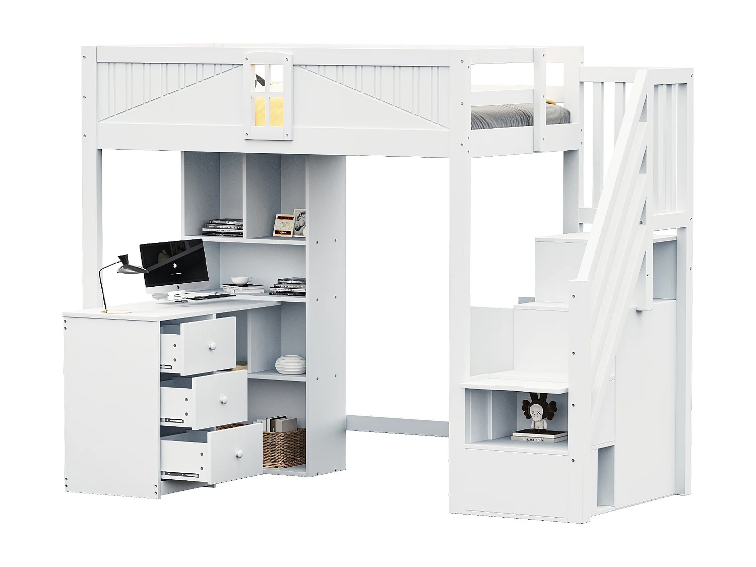 Lit mezzanine 90x200 cm, barrières sécurité avec fenêtre, rangements, bureau et tiroirs, échelle modulable gauche/droite, blanc