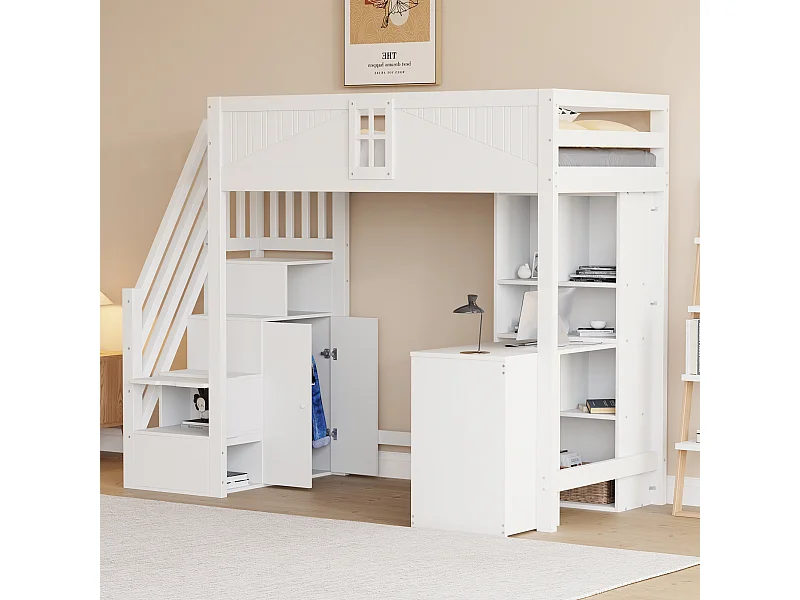 Lit mezzanine 90x200 cm, barrières sécurité avec fenêtre, rangements, bureau et tiroirs, échelle modulable gauche/droite, blanc