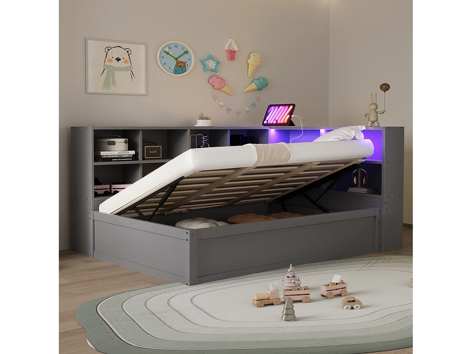 Canapé-lit 90x200 cm, multiprises et rangements, LED, lit hydraulique, massif, lit simple multifonction, gris