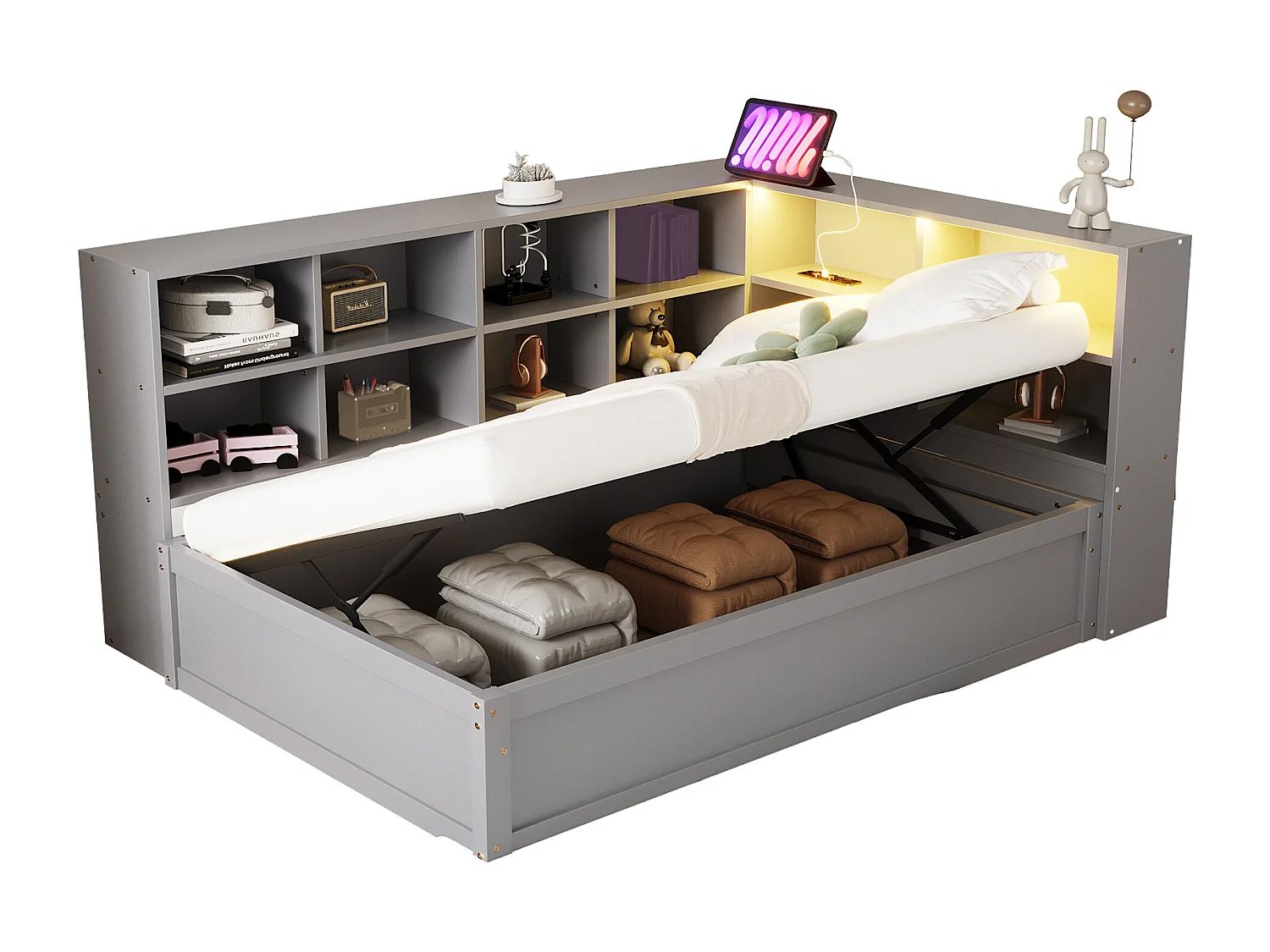 Canapé-lit 90x200 cm, multiprises et rangements, LED, lit hydraulique, massif, lit simple multifonction, gris