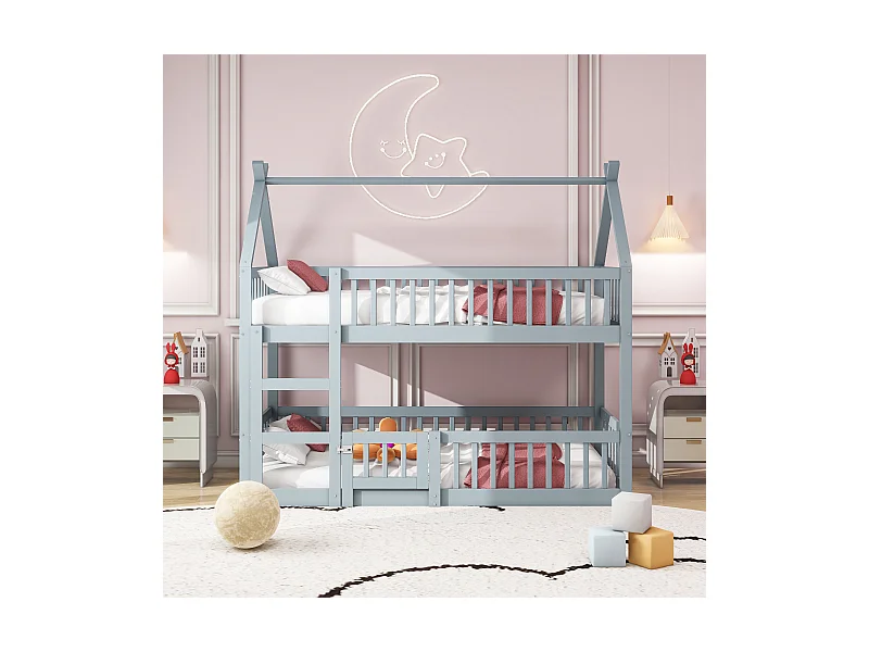 Lit superposé enfant 90x200 cm gris, lit familial avec escalier sécurisé, structure loft, bois massif solide