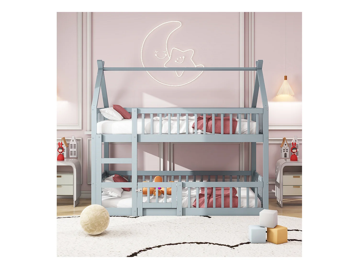 Lit superposé enfant 90x200 cm gris, lit familial avec escalier sécurisé, structure loft, bois massif solide