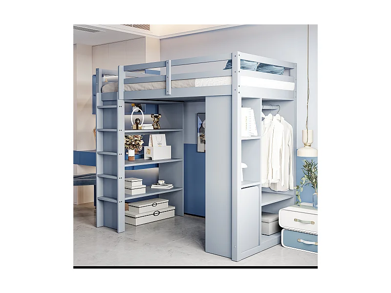 Lit mezzanine enfant 90x200 cm, étagères multiples, penderie simple et rangement, chariot amovible, lit junior simple, gris