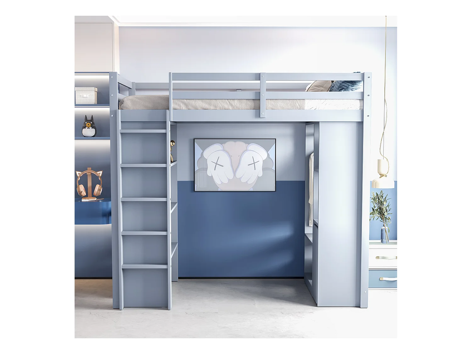 Lit mezzanine enfant 90x200 cm, étagères multiples, penderie simple et rangement, chariot amovible, lit junior simple, gris