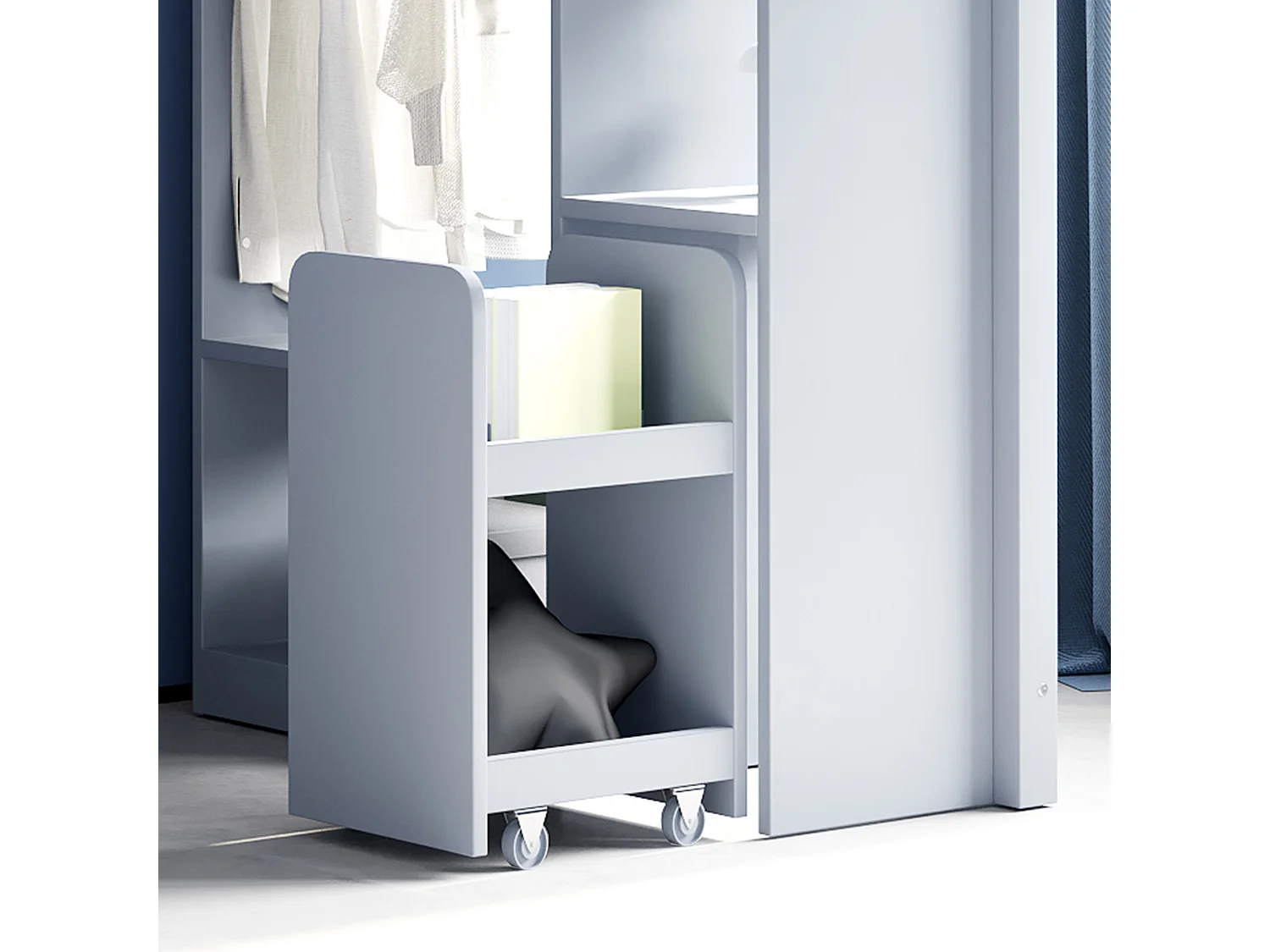 Lit mezzanine enfant 90x200 cm, étagères multiples, penderie simple et rangement, chariot amovible, lit junior simple, gris