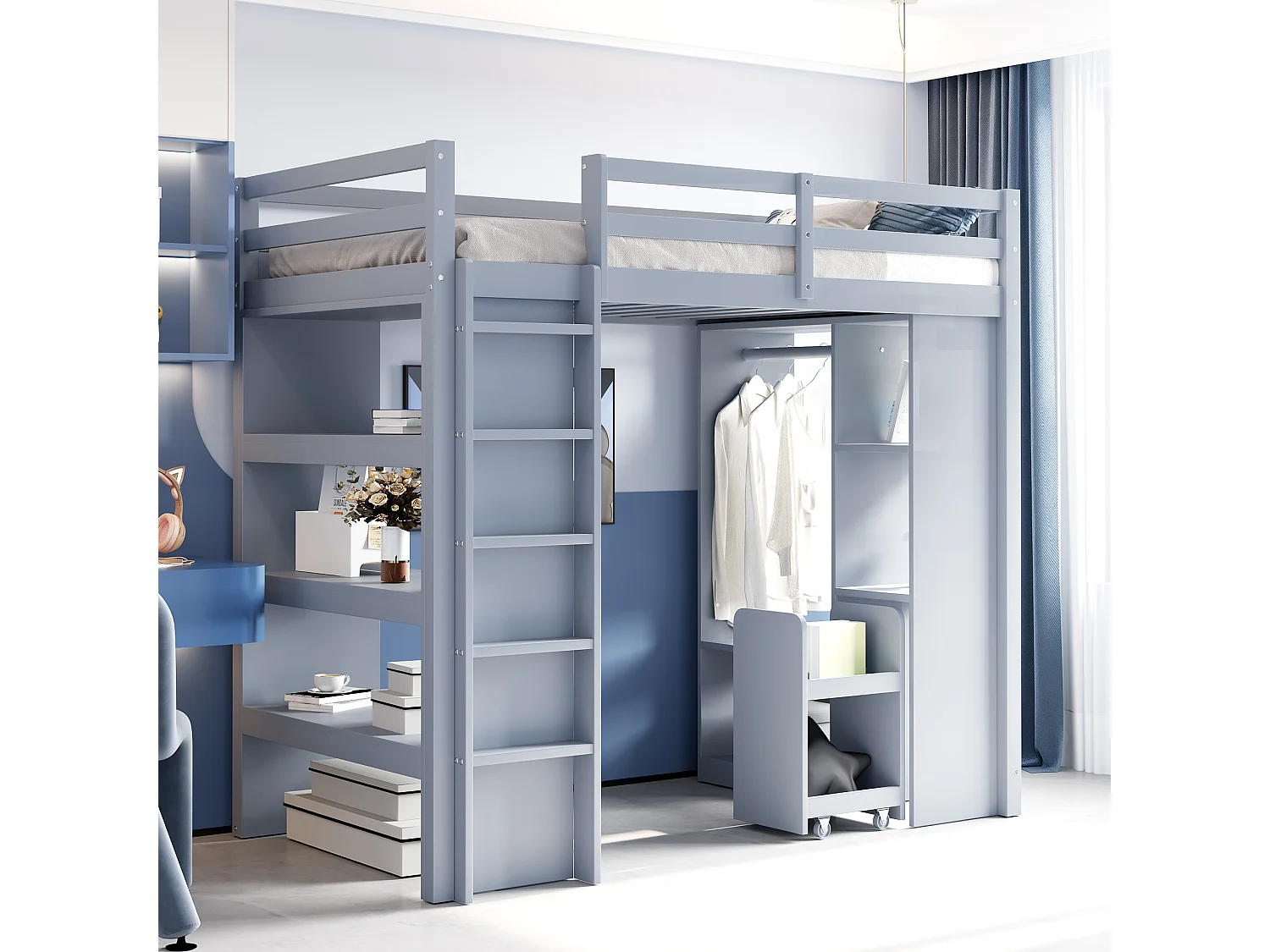 Lit mezzanine enfant 90x200 cm, étagères multiples, penderie simple et rangement, chariot amovible, lit junior simple, gris