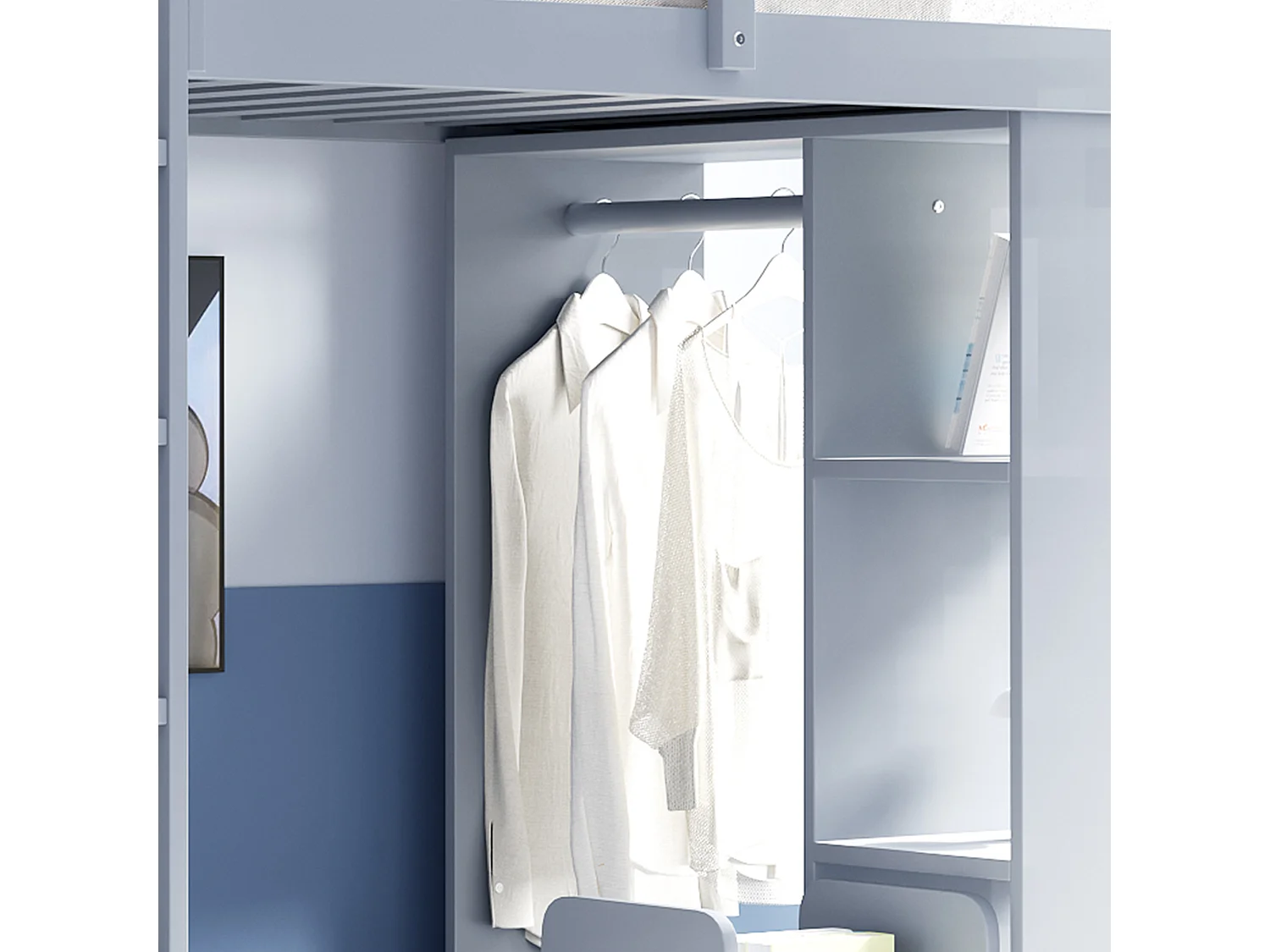 Lit mezzanine enfant 90x200 cm, étagères multiples, penderie simple et rangement, chariot amovible, lit junior simple, gris