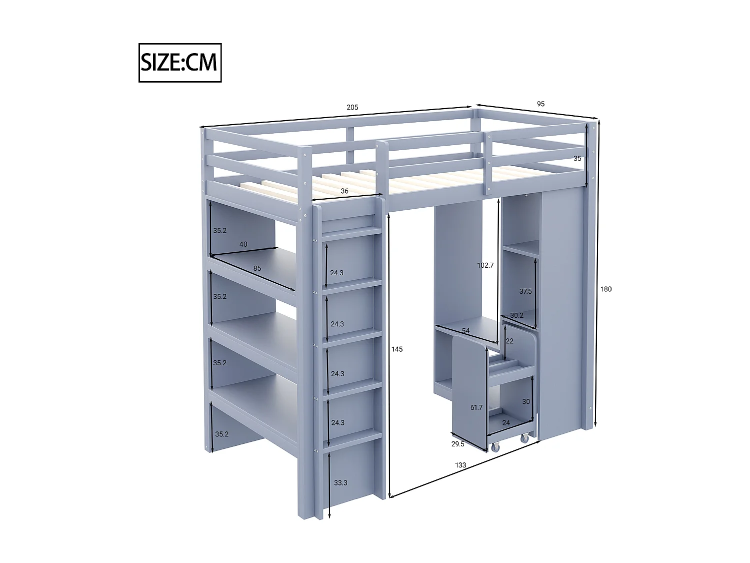Lit mezzanine enfant 90x200 cm, étagères multiples, penderie simple et rangement, chariot amovible, lit junior simple, gris