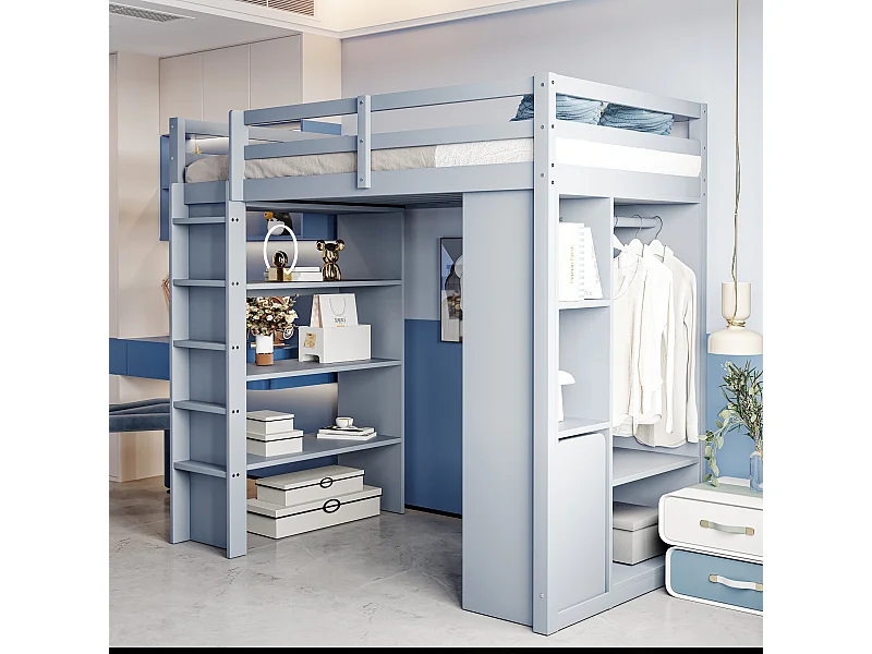 Lit mezzanine enfant 90x200 cm, étagères multiples, penderie simple et rangement, chariot amovible, lit junior simple, gris