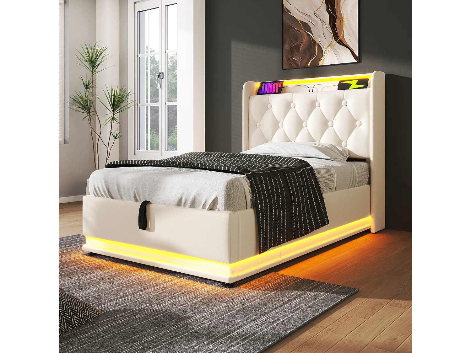 Lit tapissé 90x200 cm simple, LED 360° autour, télécommande/App, hydraulique, tête avec USB-C, PU blanc (Avec matelas)