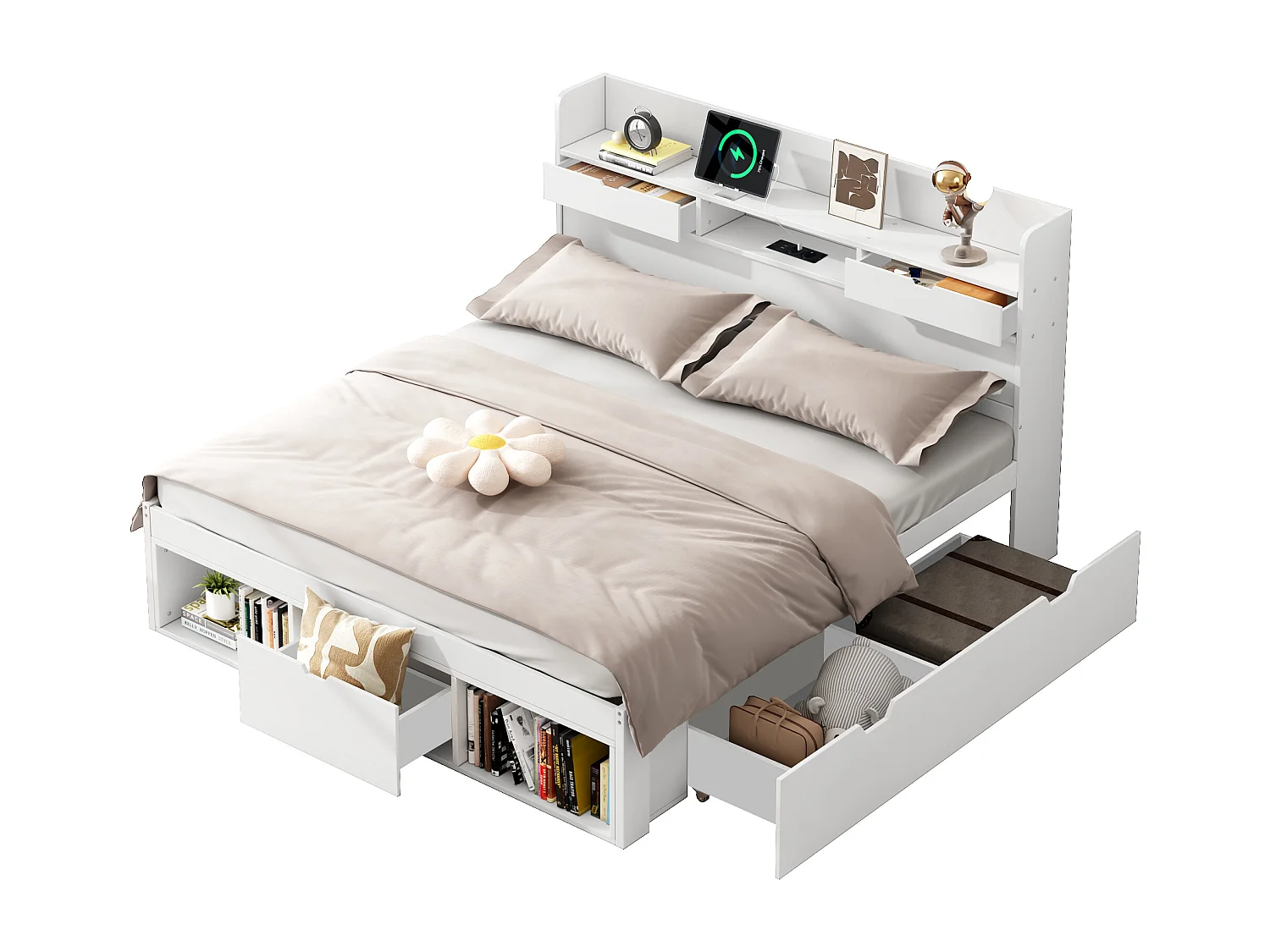 Lit double 140×200 cm blanc, avec port USB, tiroirs et armoire intégrée, grand espace de rangement