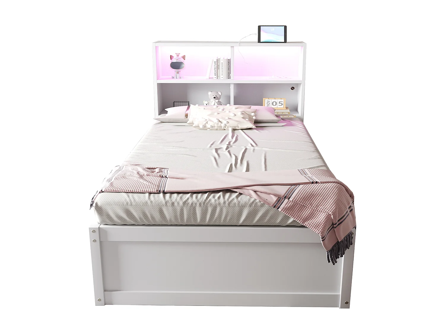 Canapé-lit 90x200 cm, multiprises et rangements, LED, lit hydraulique, massif, lit simple multifonction, blanc