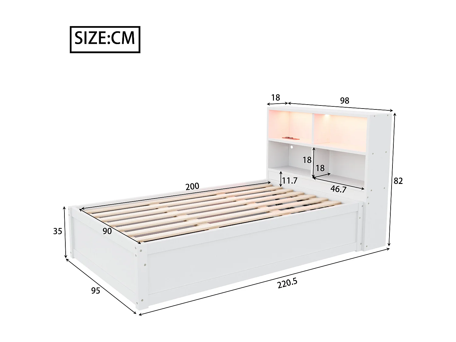 Canapé-lit 90x200 cm, multiprises et rangements, LED, lit hydraulique, massif, lit simple multifonction, blanc