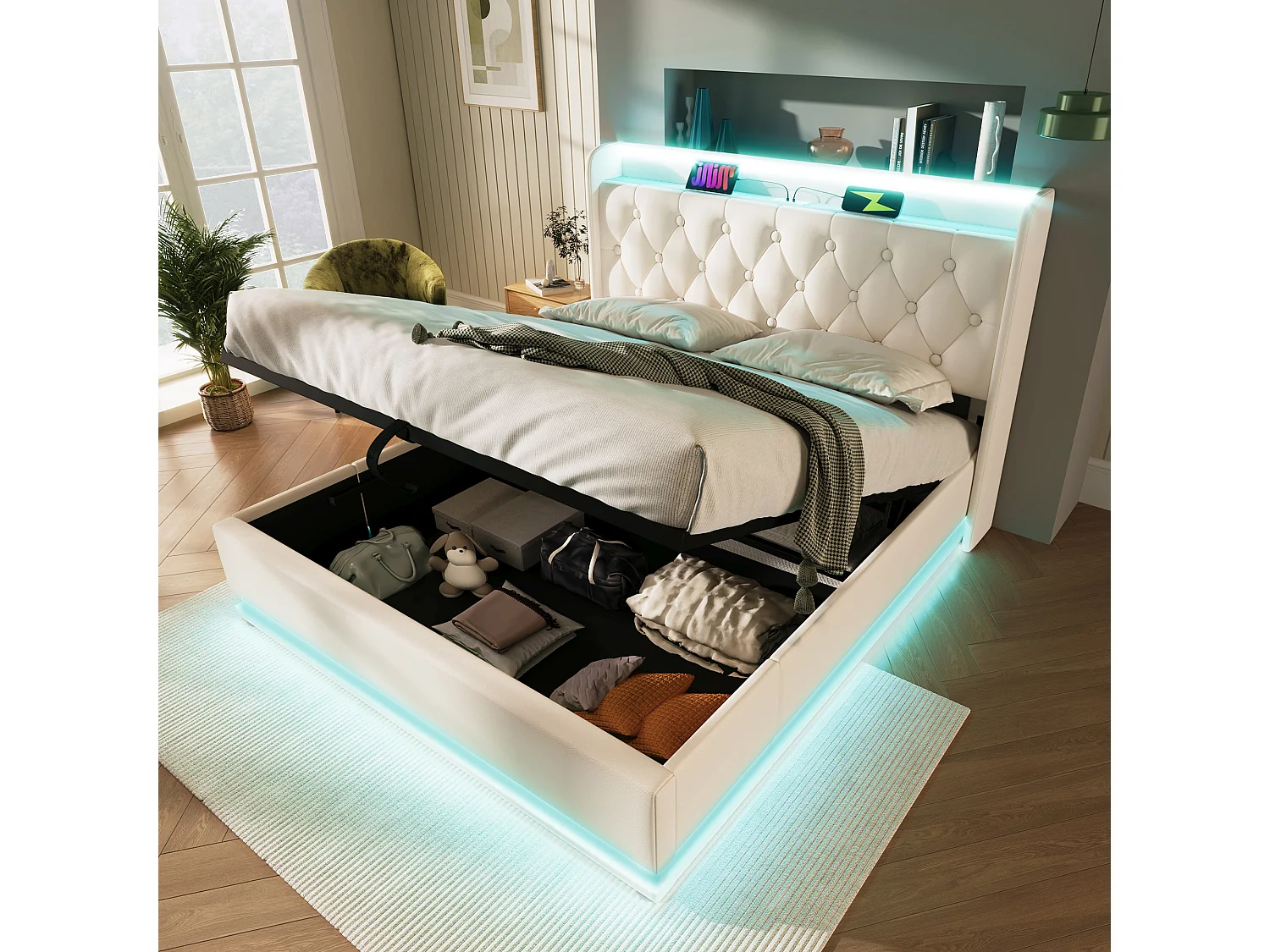 Lit tapissé 140x200 cm double, LED 360° autour, télécommande/App, hydraulique, tête avec USB-C, PU blanc (Avec matelas)