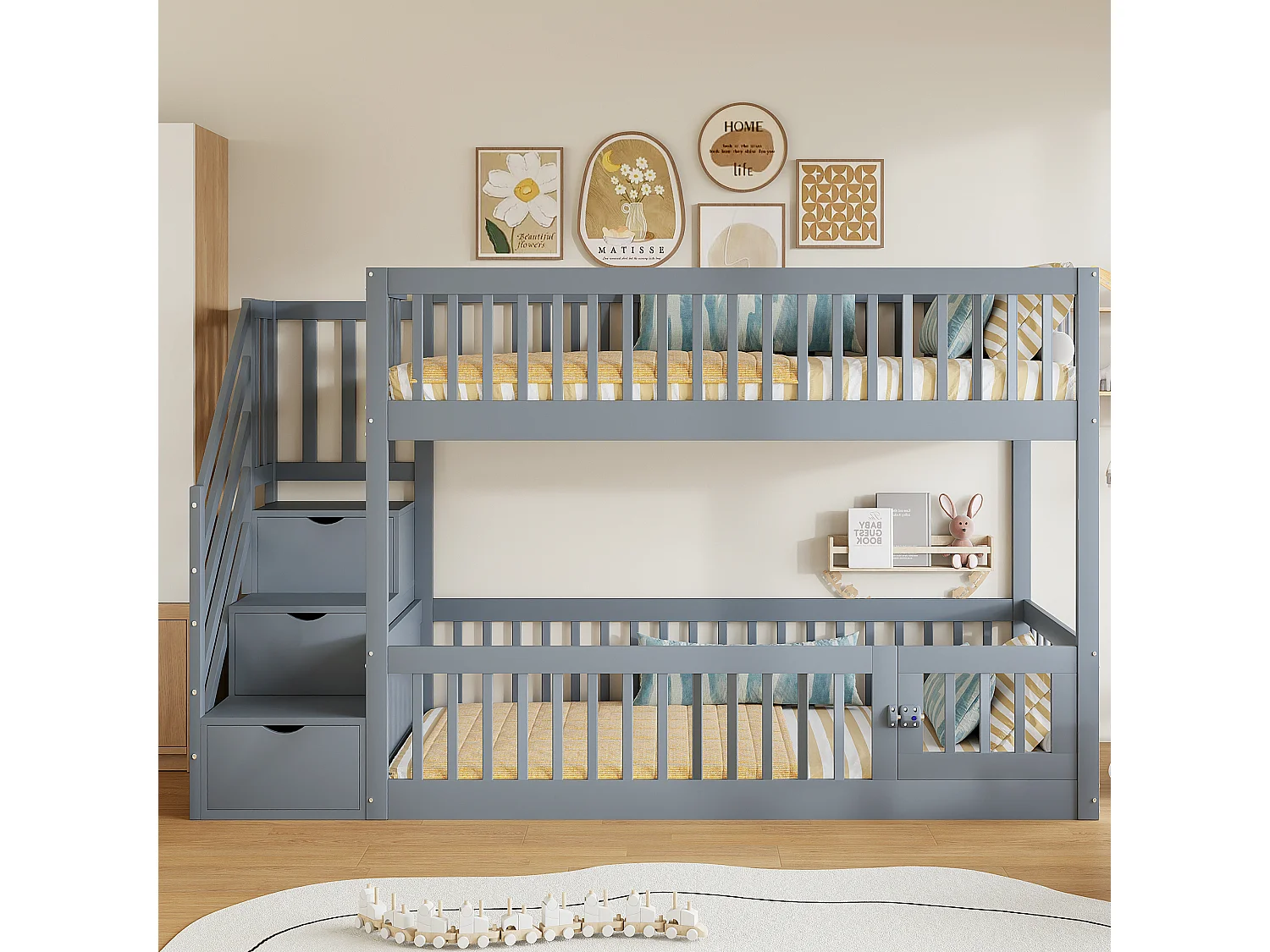 Lit mezzanine 90x200 cm, bois massif, échelle sécurisée, tiroirs de rangement, lit simple, lit junior, espace de rangement, gris