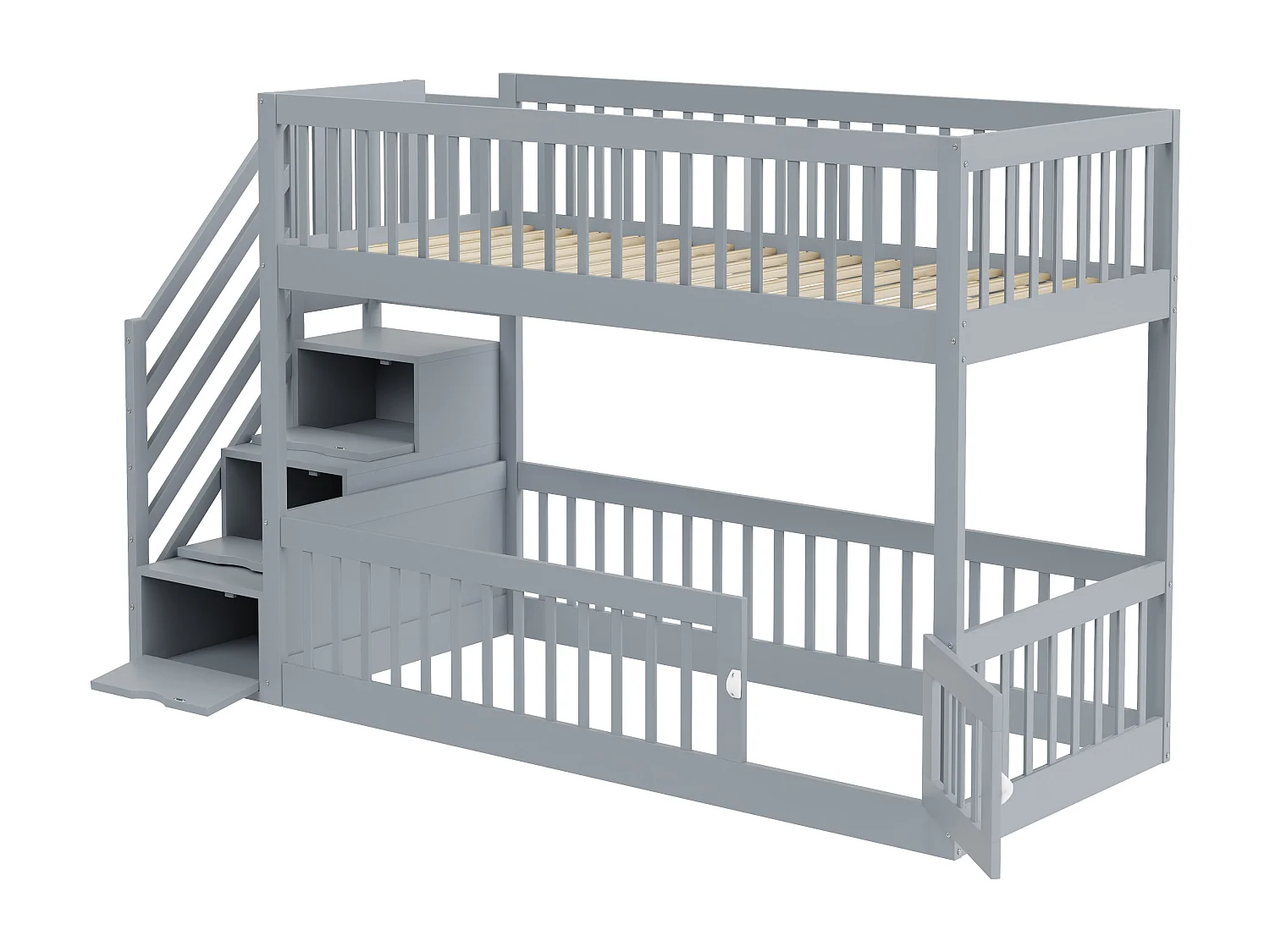 Lit mezzanine 90x200 cm, bois massif, échelle sécurisée, tiroirs de rangement, lit simple, lit junior, espace de rangement, gris