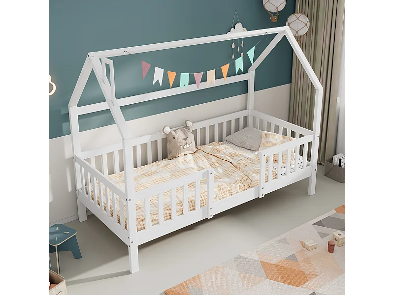 Lit cabane enfant 90×200 cm avec toit cheminée, sommier robuste en pin massif, couleur blanche élégante