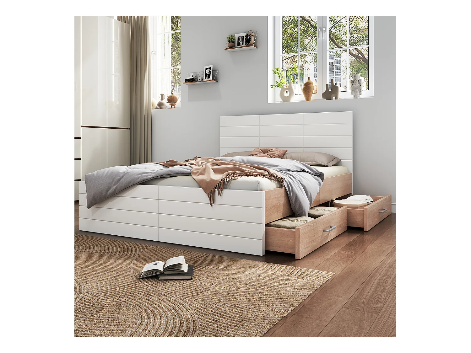 Lit double en bois 160×200 cm avec 2 tiroirs, structure et sommier inclus, style moderne chêne/blanc