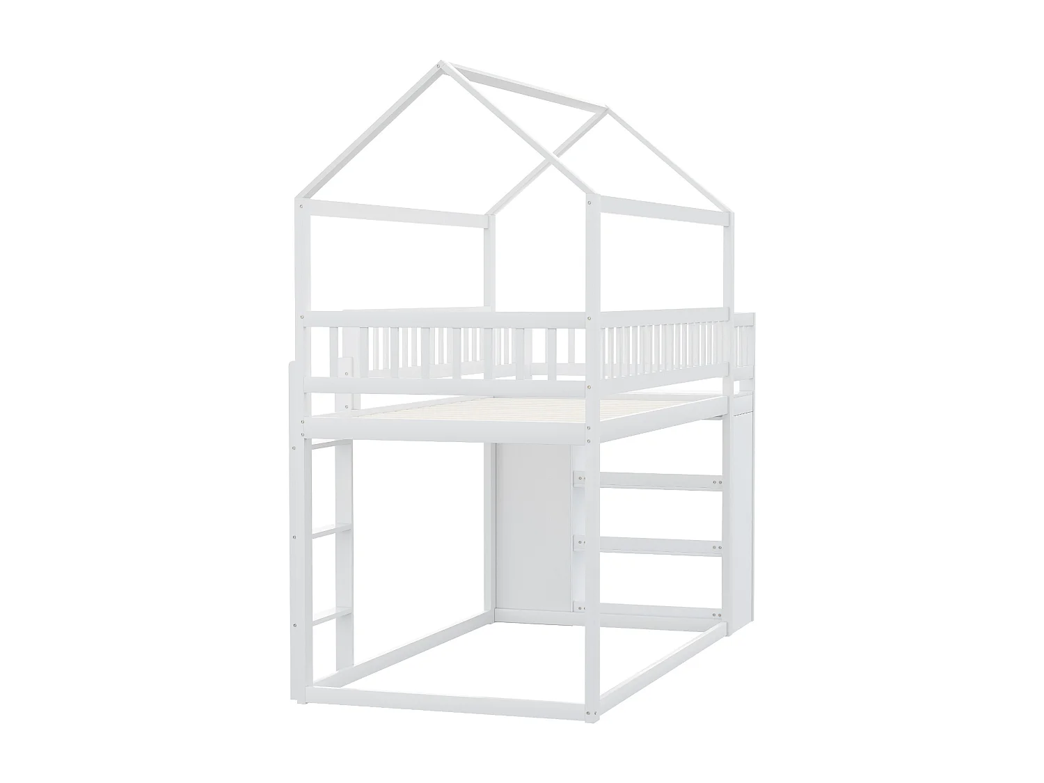 Lit cabane superposé enfant 90x200 cm blanc, avec garde-corps, étagères et commode de rangement, échelle basse
