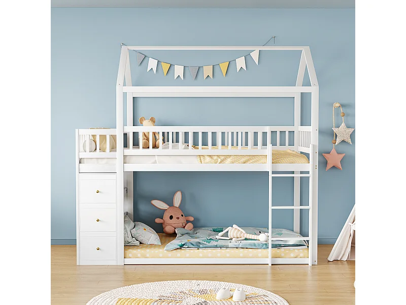 Lit cabane superposé enfant 90x200 cm blanc, avec garde-corps, étagères et commode de rangement, échelle basse